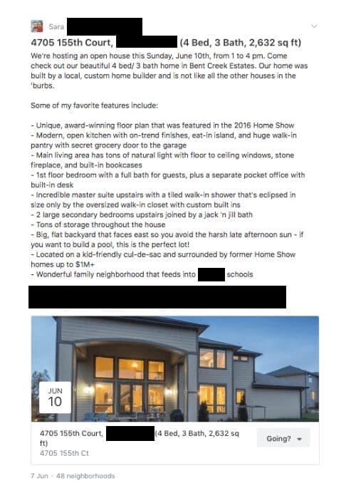 A screenshot of a Nextdoor post by "Sara" promoting an open house for a 4 bed, 3 bath, 2,632 sq ft home at 4705 155th Court on Sunday, June 10th. The post describes the unique features of the custom-built home and includes a photo of the exterior.