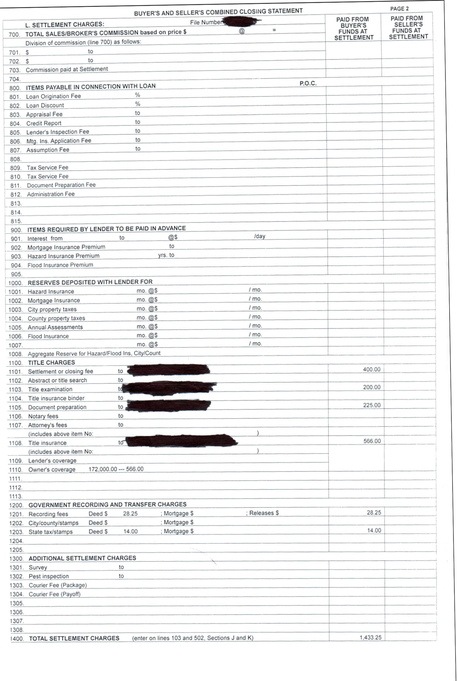 A spreadsheet of a transaction with a cash buyer.