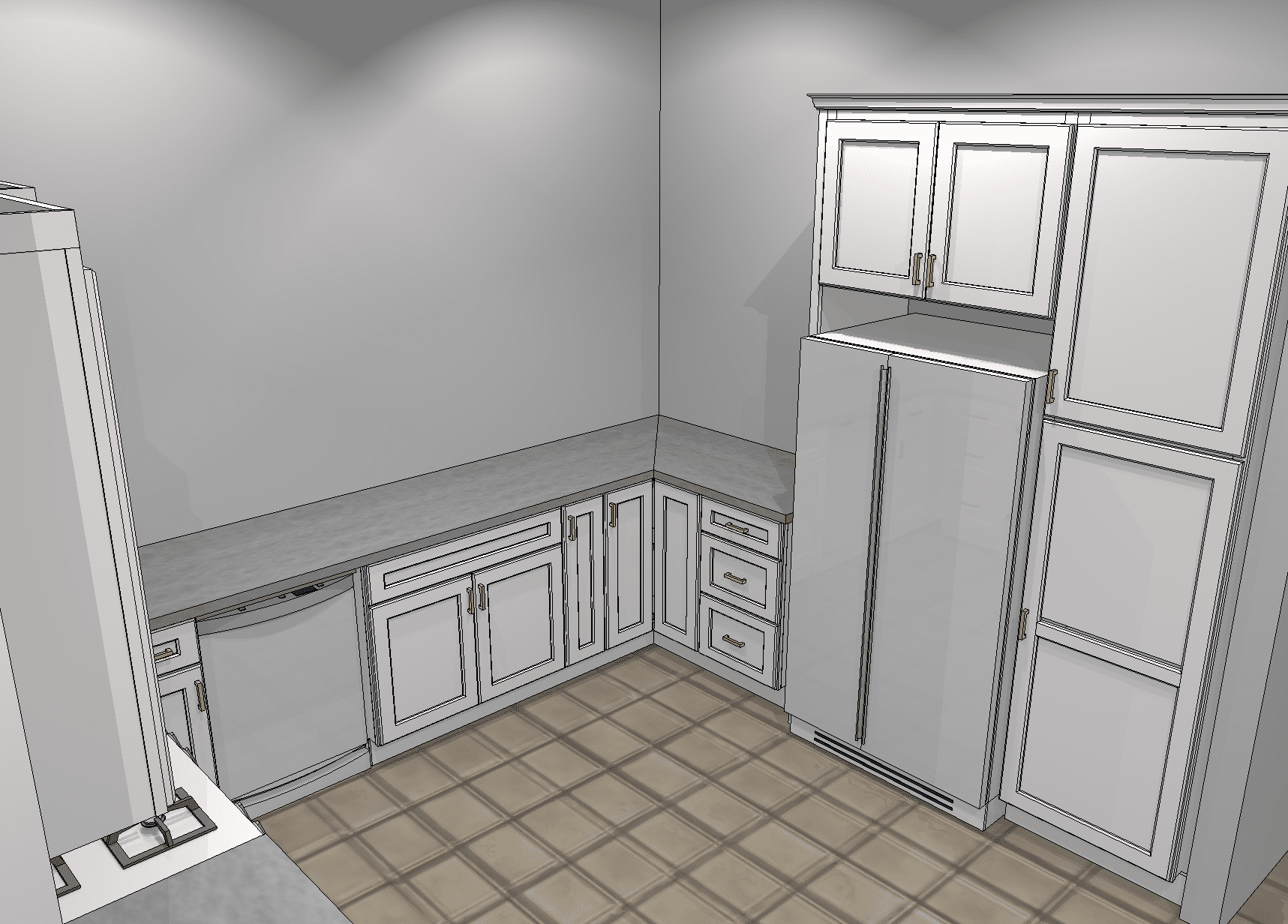 A rendering of a kitchen with new cabinets installed.