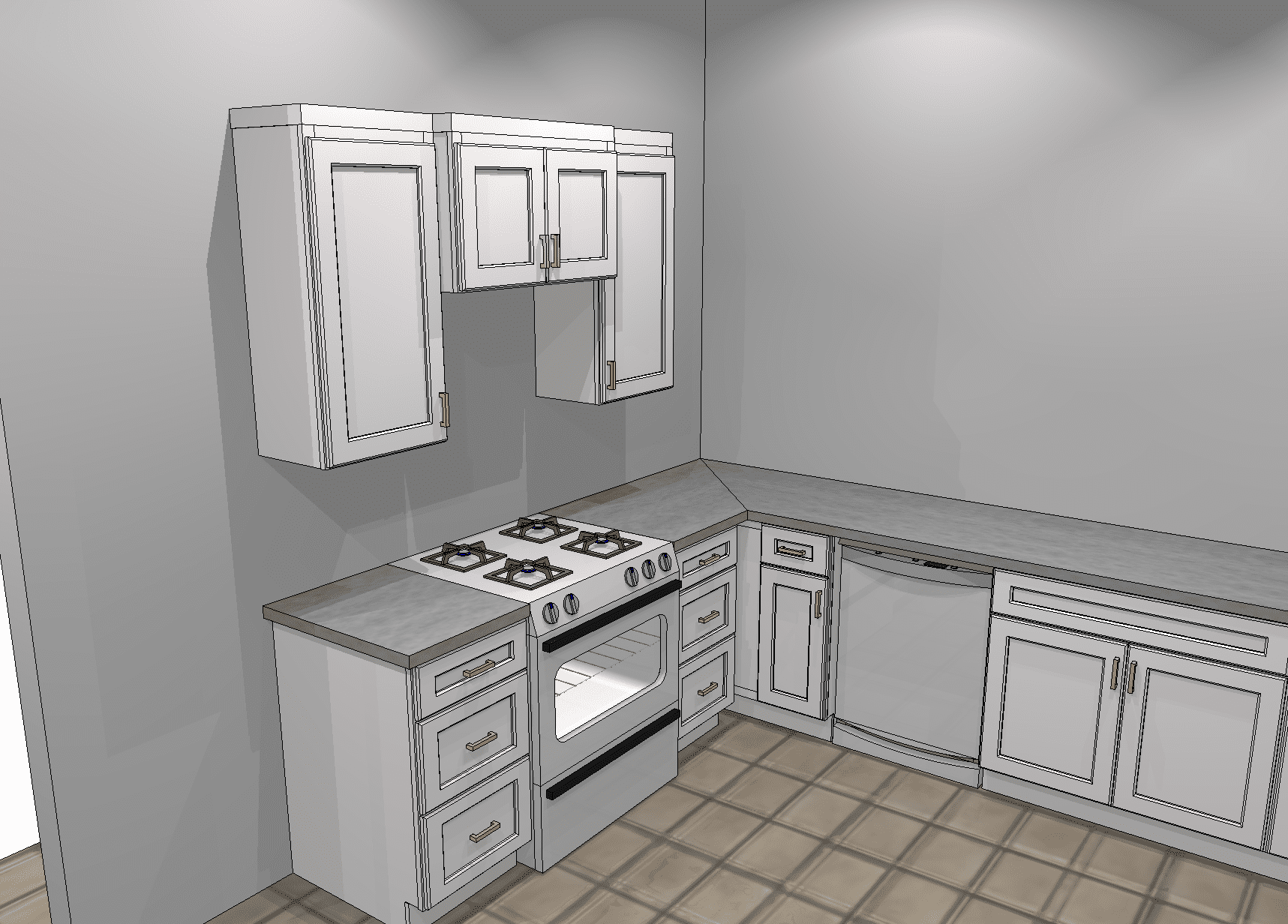 A rendering of a kitchen with new cabinets installed.