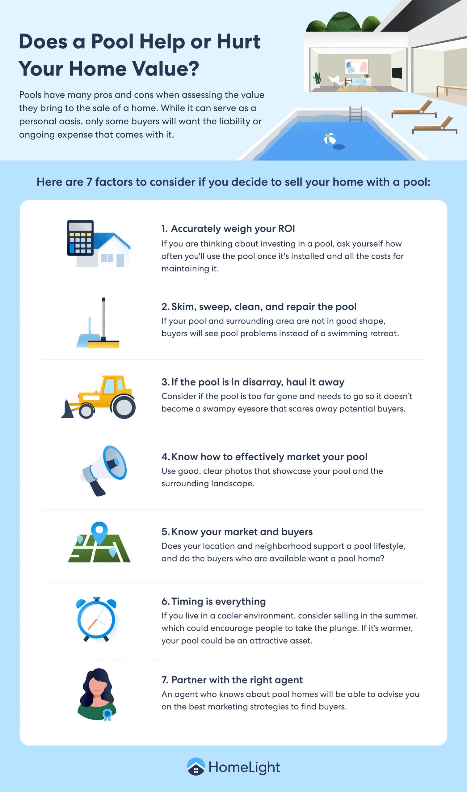 A HomeLight infographic about how a pool can help or hurt home value.