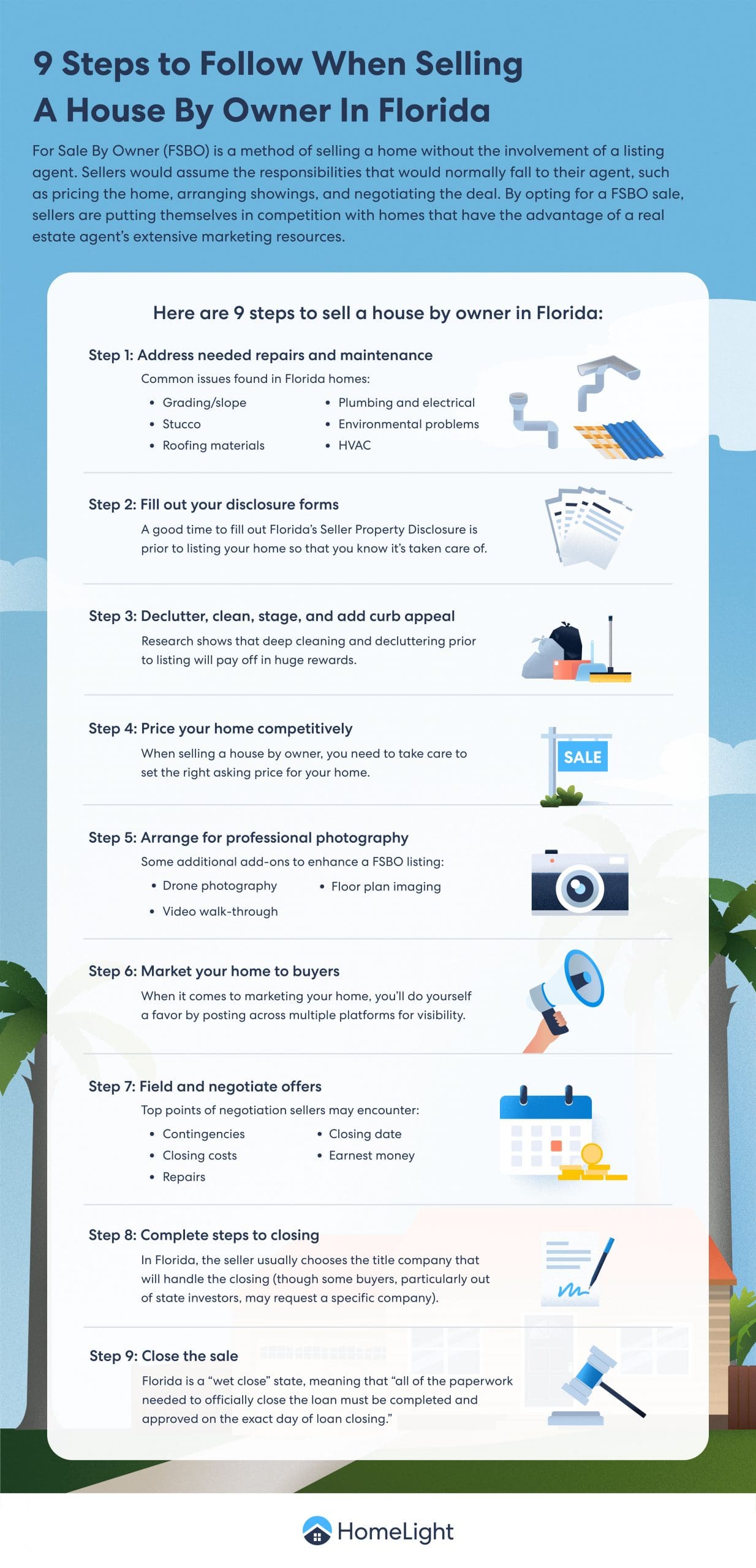 A HomeLight infographic about steps to follow when selling a house by owner in Florida.