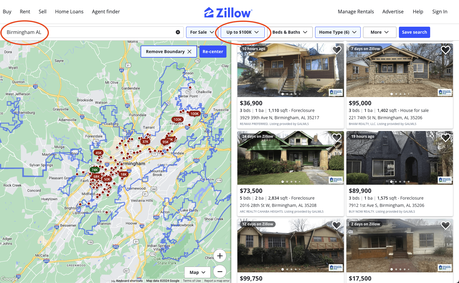 Zillow screenshot with filters on
